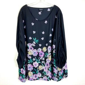 Liz Claiborne Women’s Tunic Blouse Size 3X Black Floral 3/4 Ruched Tie Sleeves